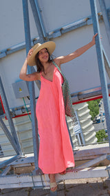 Vestido Largo de Lino Rosa Coral