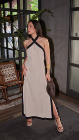 Vestido Largo Bicolor Halter Cruzado