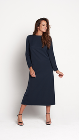 Vestido Mónica azul navy – corte recto largo con pinza no marcar (Roots VISS Madrid)