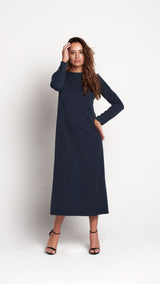 Vestido Mónica azul navy – corte recto largo con pinza no marcar (Roots VISS Madrid)