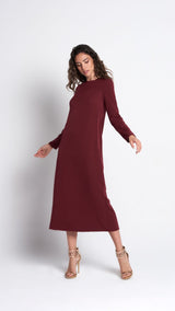 Vestido Mónica burdeos – largo recto con pinza no marcar (Roots VISS Madrid)