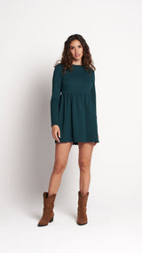 Vestido María verde botella – mini con falda abullonada y cuello redondo (VISS Madrid)