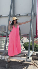 Vestido Largo de Lino Rosa Coral